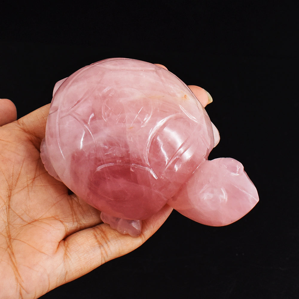 Natural 1220.00 Carats Genuine Pink Rose Quartz Hand Carved Crystal  Gemstone Turtle Carving