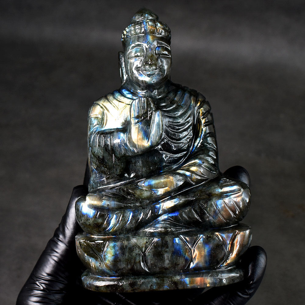 Genuine 2257.00 Cts Golden & Blue Flash Labradorite Hand Carved Crystal Gemstone Buddha Idol Carving