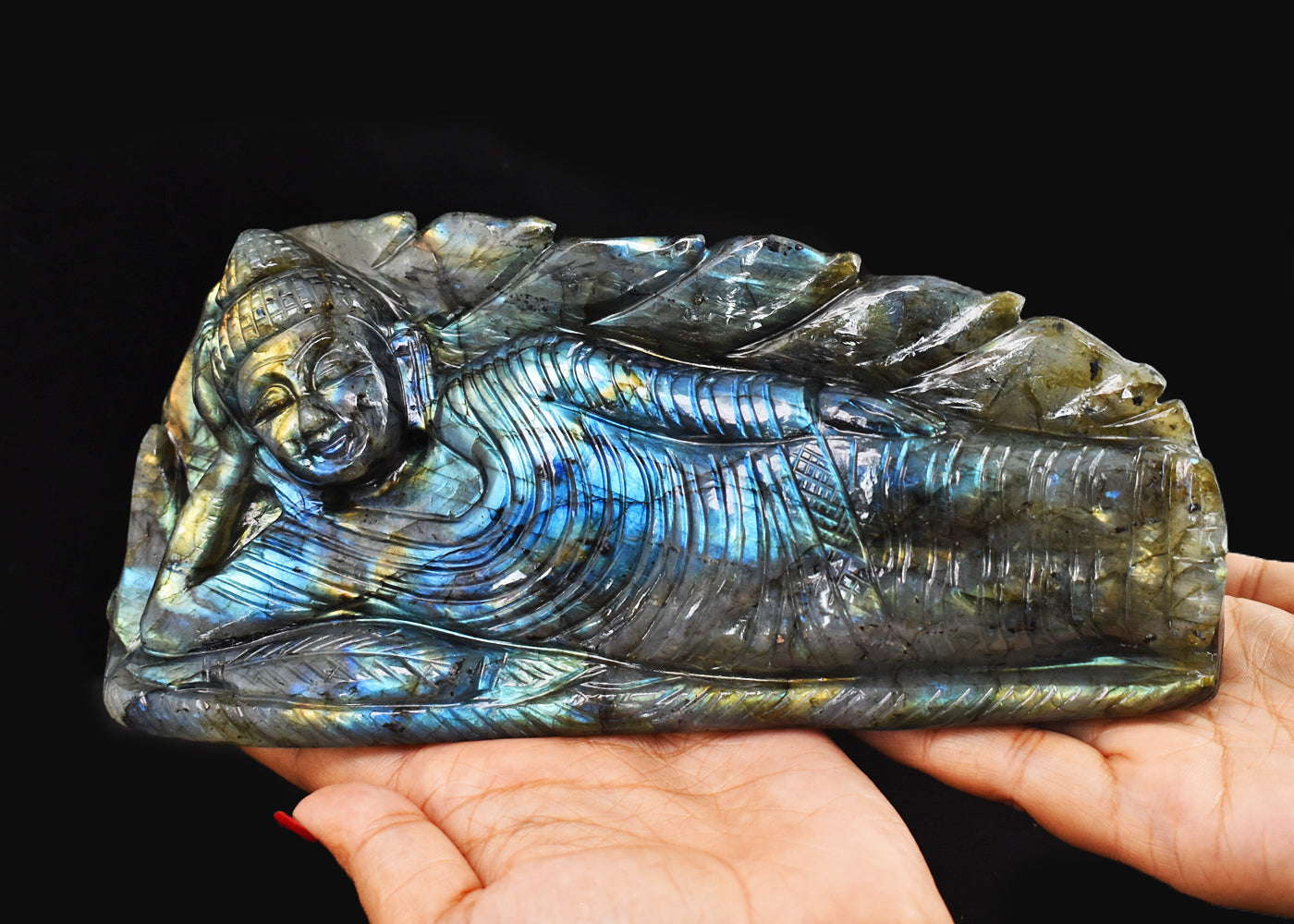 Gorgeous  8110.00  Cts  Genuine  Amazing Flash Labradorite Hand Carved Sleeping Buddha Carving