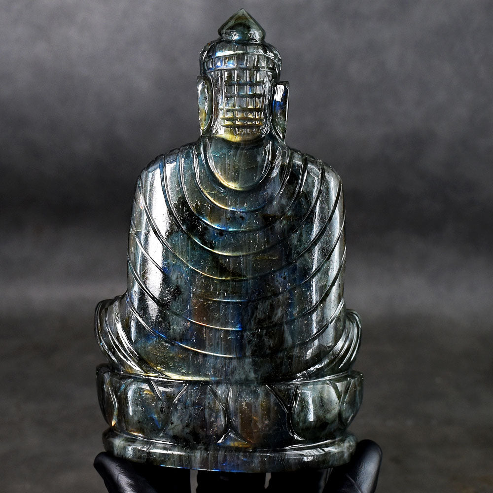 Genuine 2257.00 Cts Golden & Blue Flash Labradorite Hand Carved Crystal Gemstone Buddha Idol Carving
