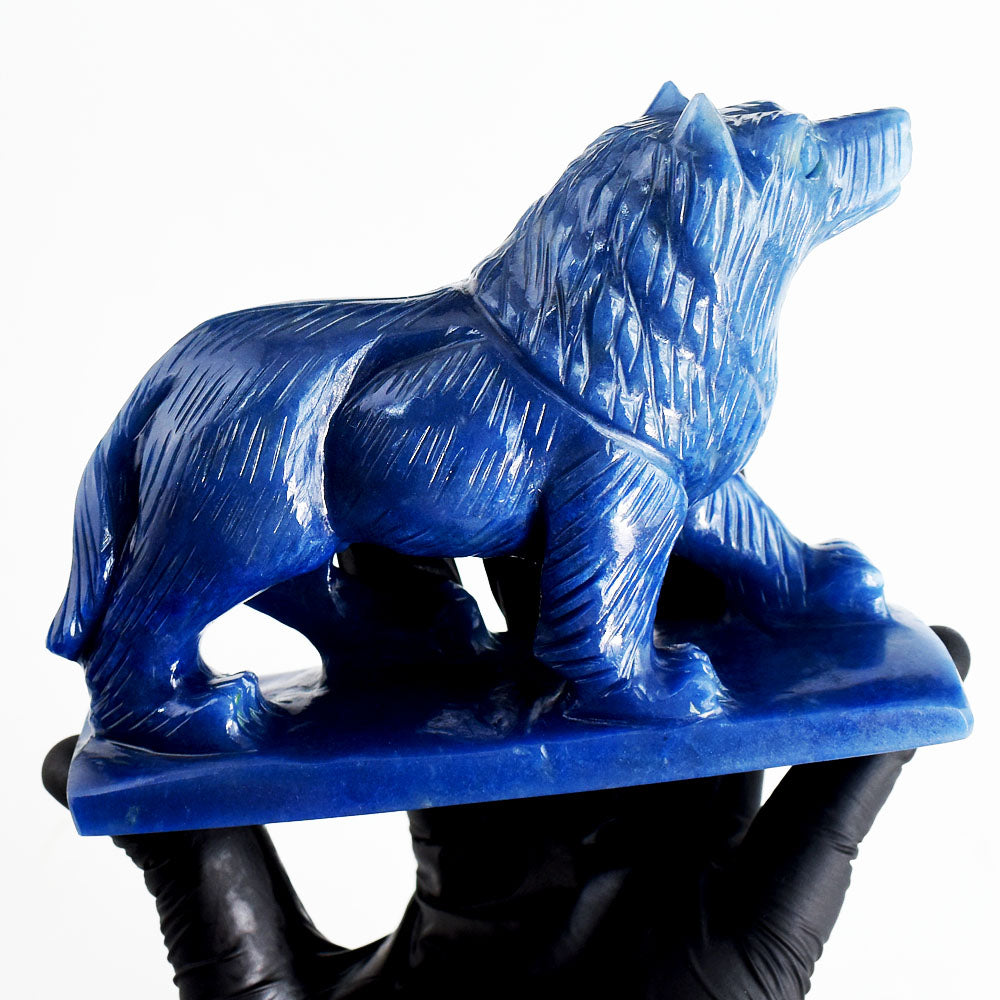 Exclusive 2475.00 Carats Genuine Blue Iolite Hand Carved Crystal Gemstone Wolf Carving