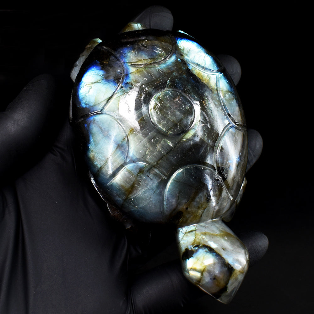 Beautiful 1352.00 Cts Genuine Golden & Blue Flash Labradorite Hand Carved Crystal Gemstone Turtle Carving