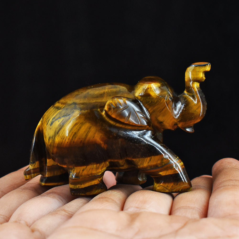 Amazing 611.00 Cts Genuine Tiger Eye Hand Carved Crystal Gemstone  Elephant Carving