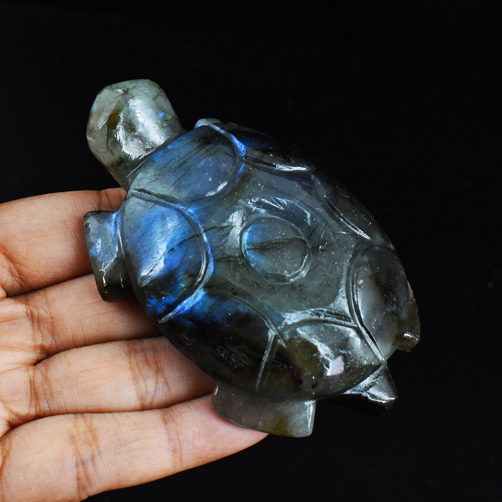 Beautiful  510.00 Carats  Genuine  Blue Flash  Labradorite Hand Carved  Crystal  Turtle Carving