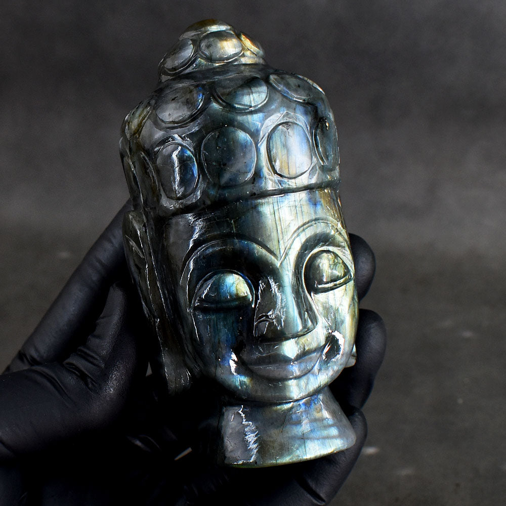 Natural 1742.00 Cts Genuine Golden & Blue Flash Labradorite Hand Carved Crystal Buddha Head Gemstone