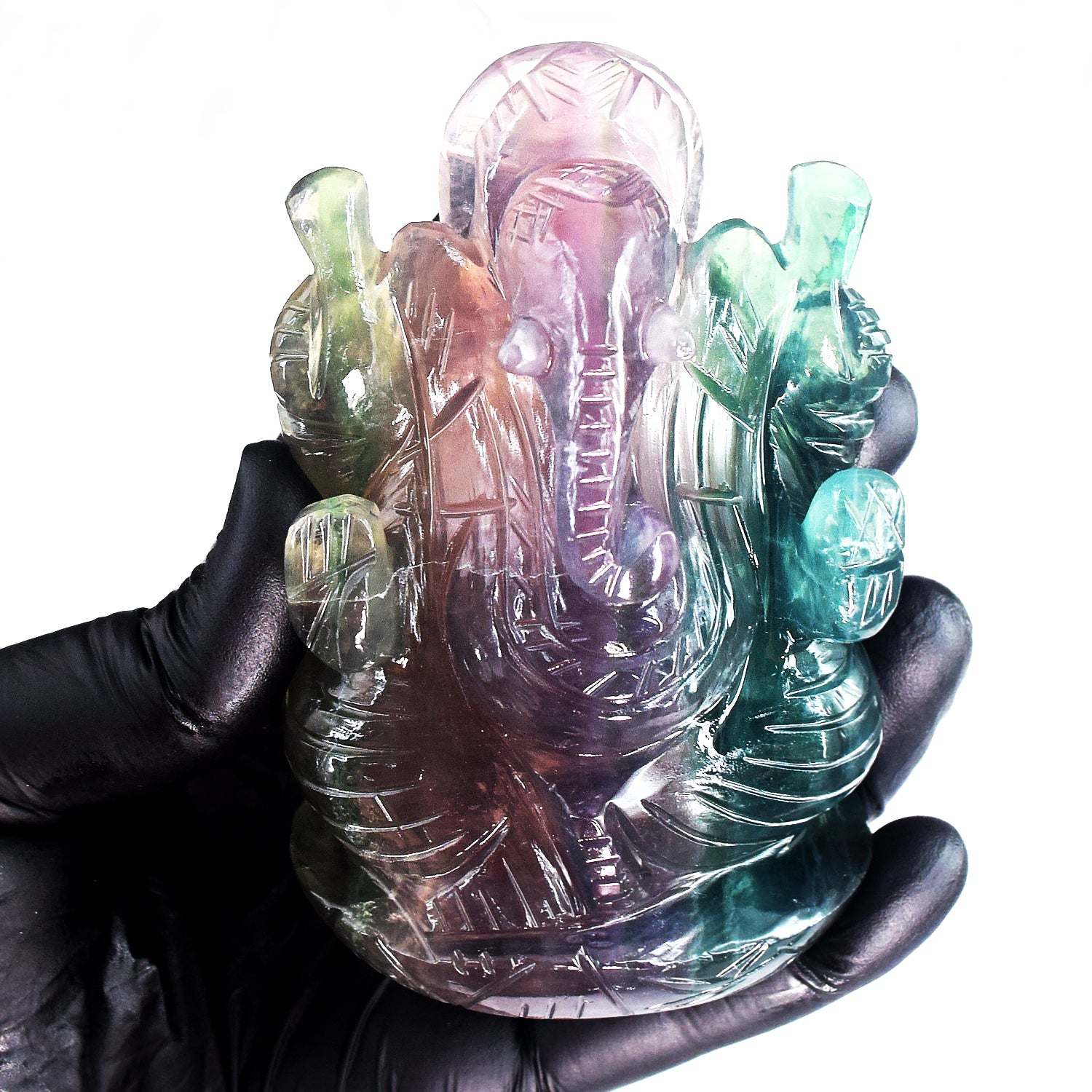 Gorgeous 2255.00 Cts Genuine Multicolor Fluorite Hand Carved Premium Lord Ganesha Crystal