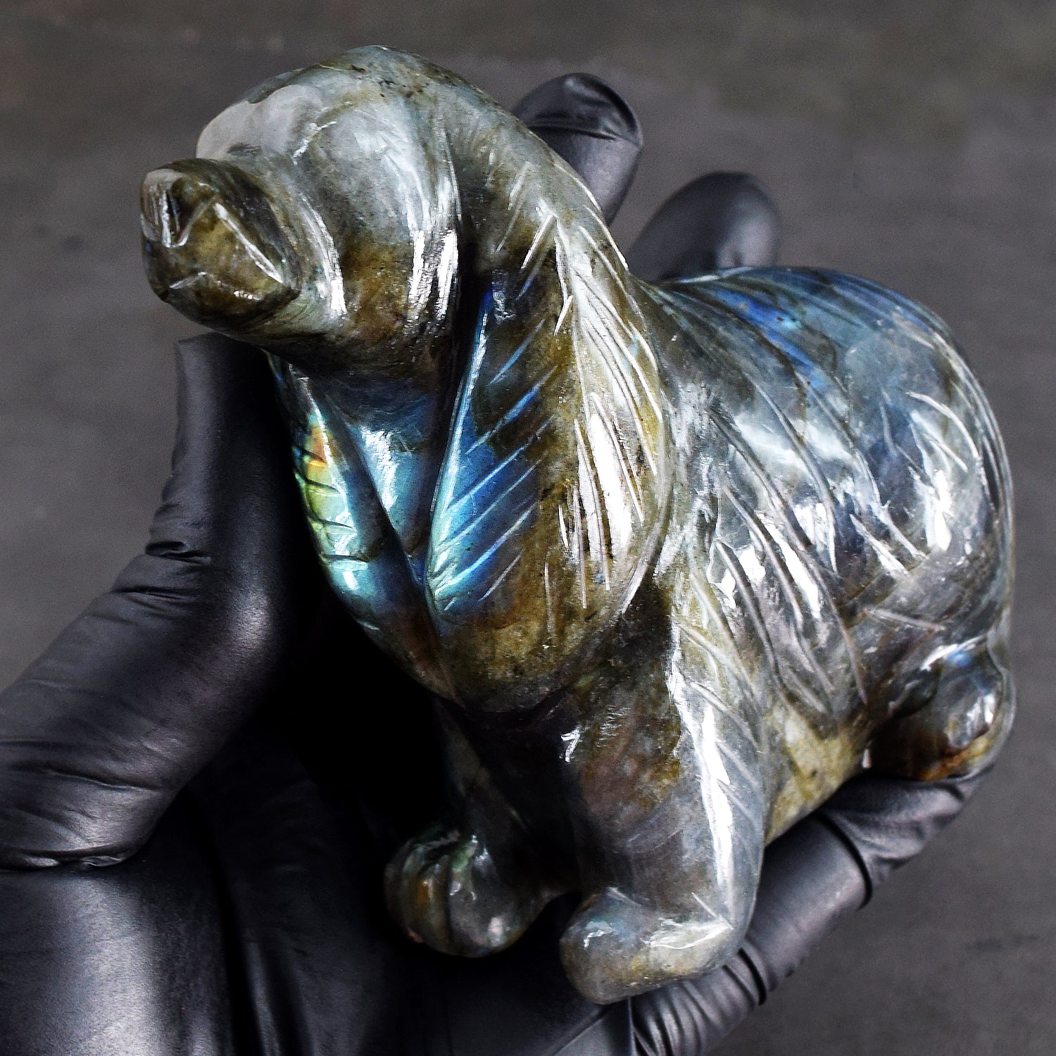 Stunning 2246.00 Cts Genuine Blue Flash Labradorite Hand Carved Premium Dog