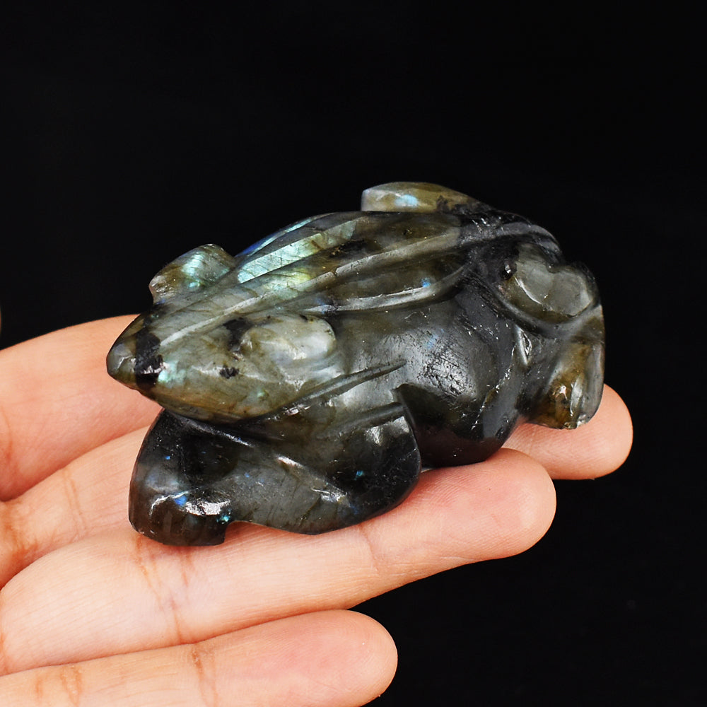 Blue & Green Flash Labradorite 493.00 Cts Genuine Hand Carved Crystal Gemstone Frog Carving