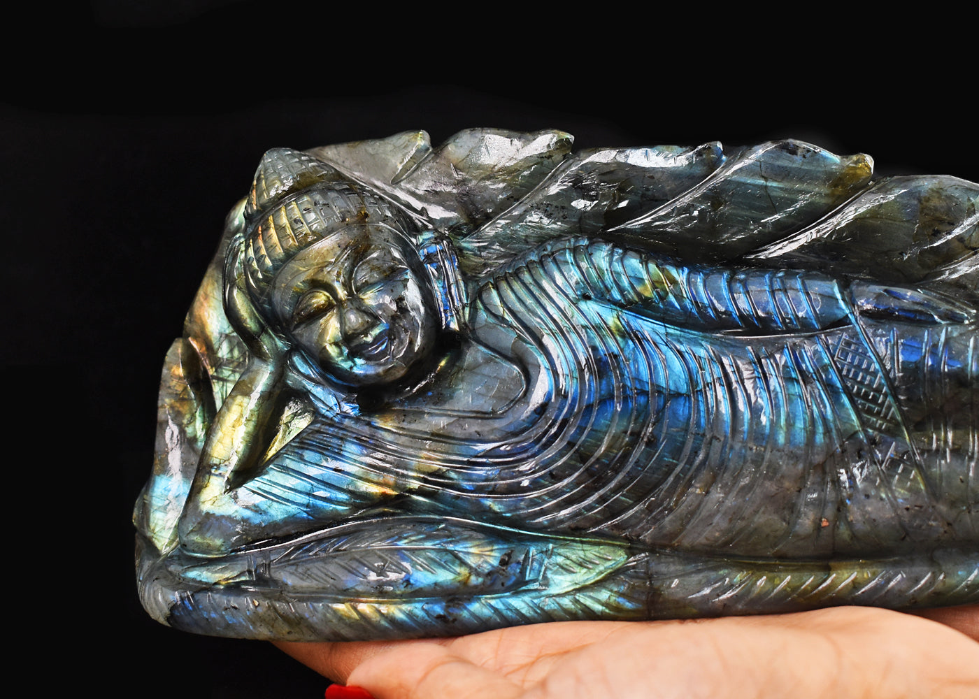 Gorgeous  8110.00  Cts  Genuine  Amazing Flash Labradorite Hand Carved Sleeping Buddha Carving