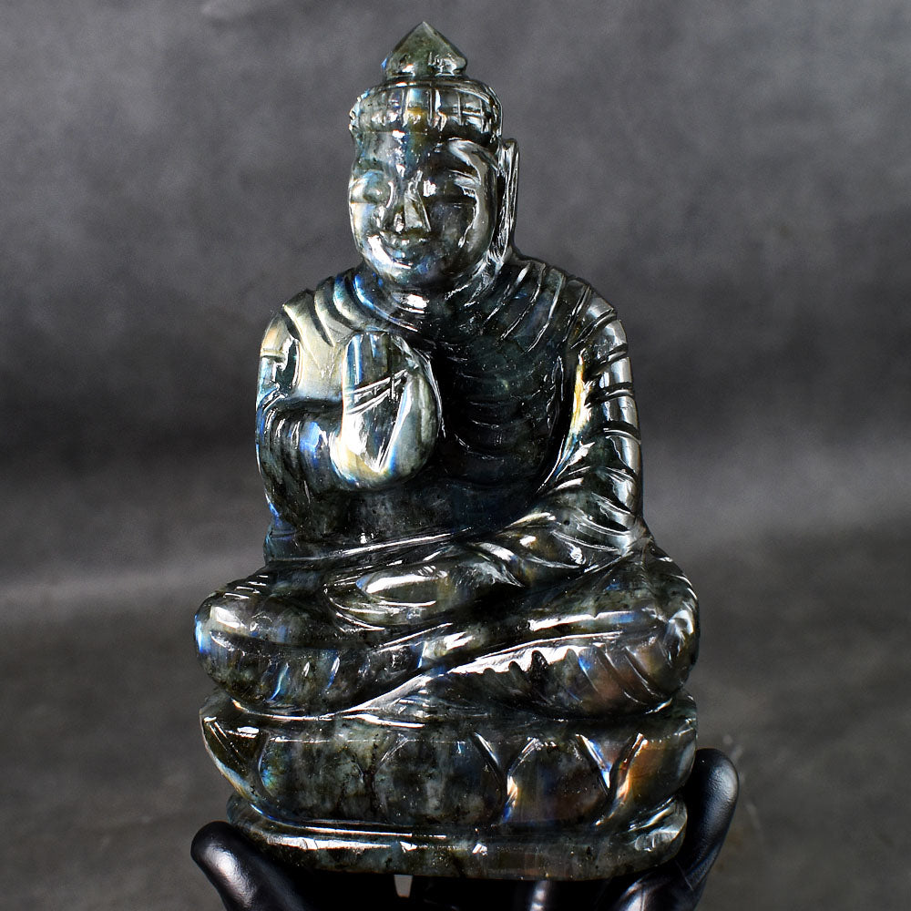Genuine 2257.00 Cts Golden & Blue Flash Labradorite Hand Carved Crystal Gemstone Buddha Idol Carving