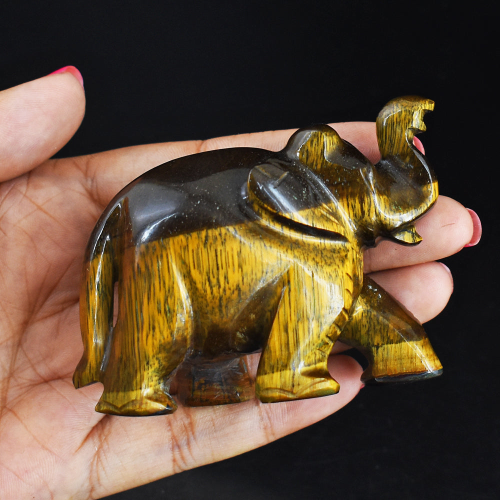 Genuine 699.00 Cts Genuine Golden Tiger Eye Hand Carved Crystal Gemstone Carving Elephant