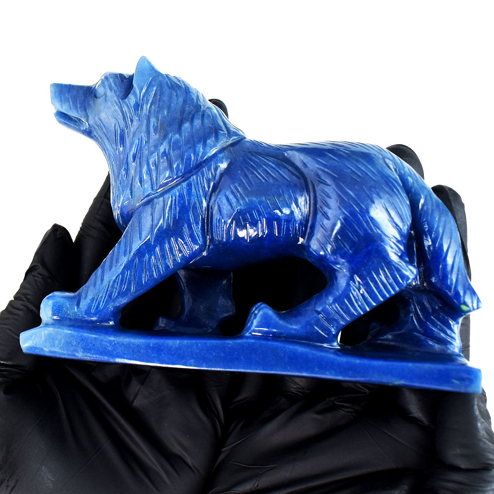 Exclusive 2475.00 Carats Genuine Blue Iolite Hand Carved Crystal Gemstone Wolf Carving