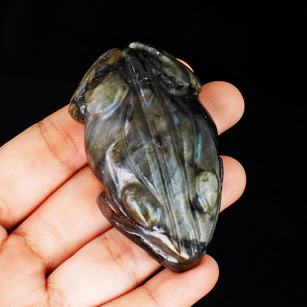 Blue & Green Flash Labradorite 493.00 Cts Genuine Hand Carved Crystal Gemstone Frog Carving