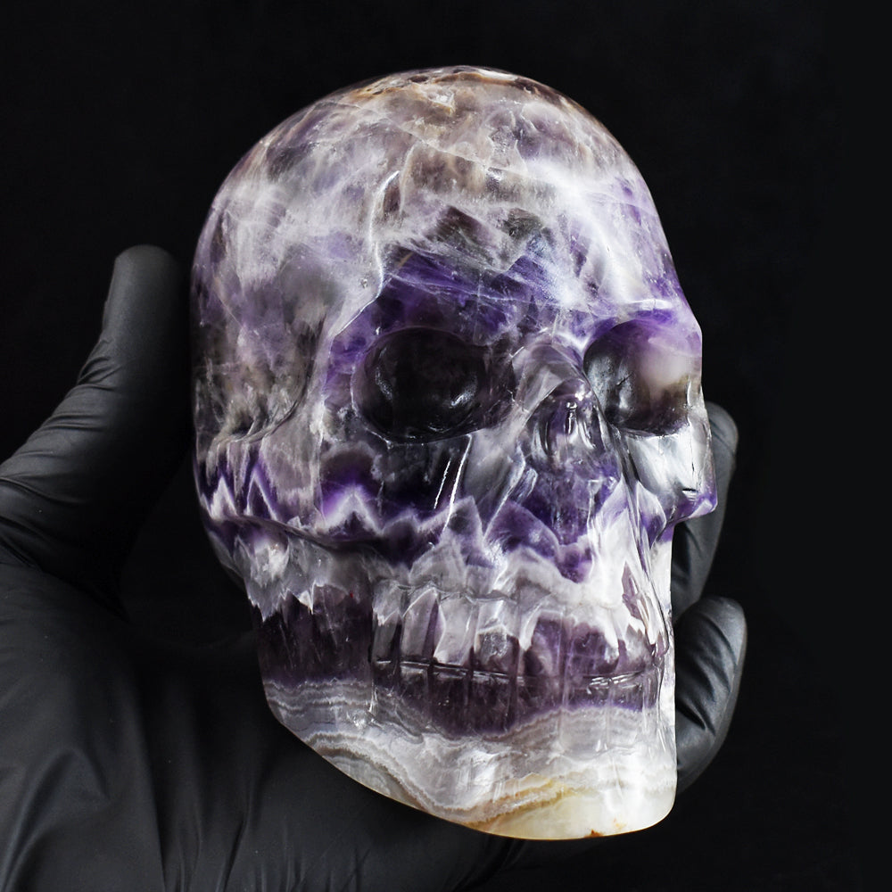 Natural 4434.00 Cts Genuine Chevron Amethyst Hand Carved Gemstone Skull Carving