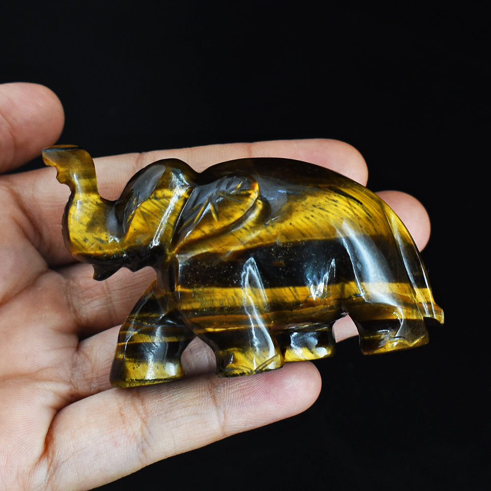 Amazing 611.00 Cts Genuine Tiger Eye Hand Carved Crystal Gemstone  Elephant Carving