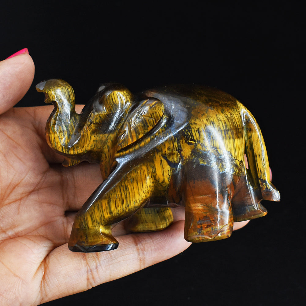 Genuine 699.00 Cts Genuine Golden Tiger Eye Hand Carved Crystal Gemstone Carving Elephant