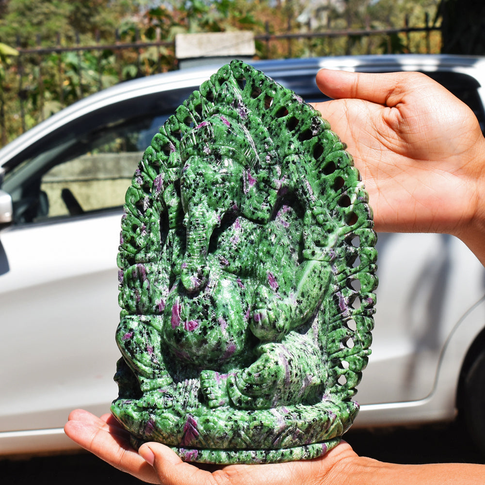 Stunning 13300.00 Cts  Genuine Ruby Zoisite Hand Carved Crystal Gemstone Carving Lord Ganesha