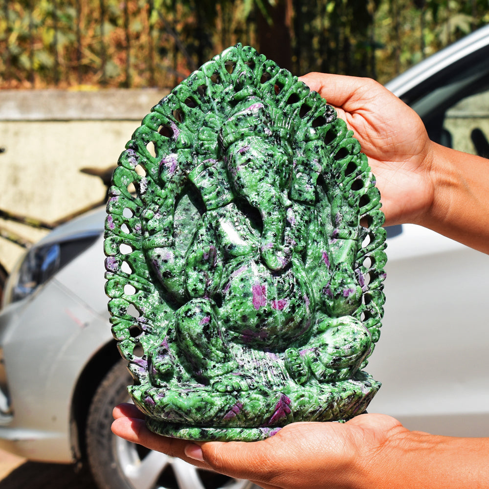 Stunning 13300.00 Cts  Genuine Ruby Zoisite Hand Carved Crystal Gemstone Carving Lord Ganesha