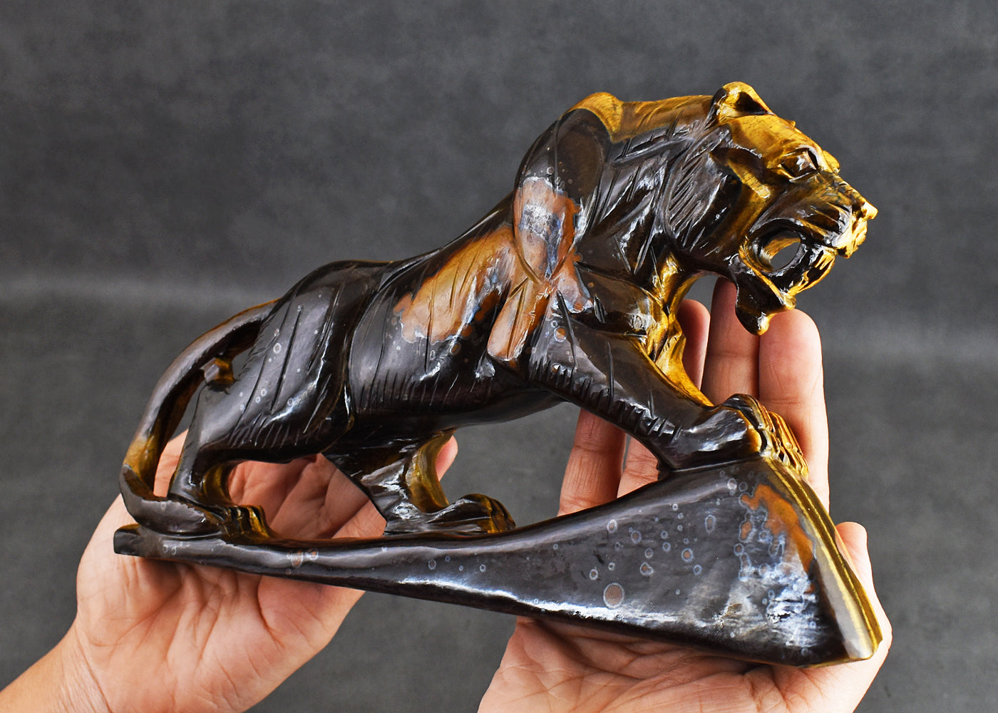 Awesome 6199.00 Cts Genuine Golden Tiger Eye Hand Carved Crystal Gemstone Lion Carving