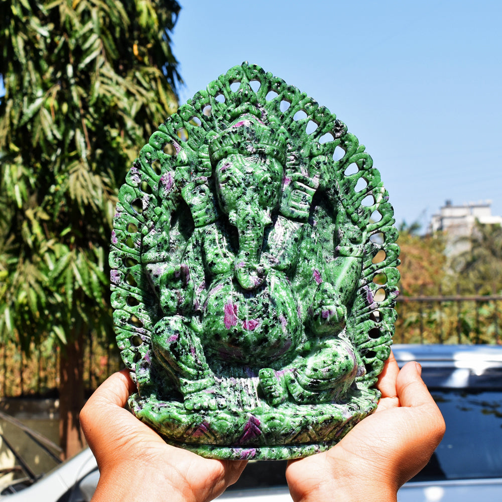 Stunning 13300.00 Cts  Genuine Ruby Zoisite Hand Carved Crystal Gemstone Carving Lord Ganesha