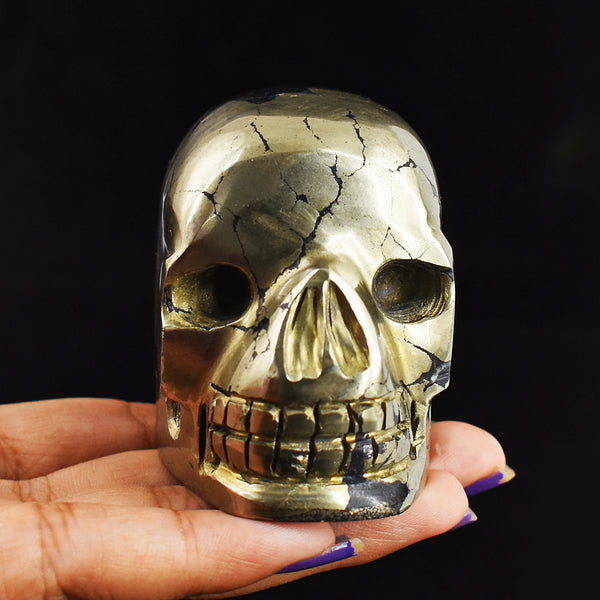 Exclusive  1941.00  Carats Genuine  Golden  Pyrite  Hand  Carved  Skull  Gemstone  Carving