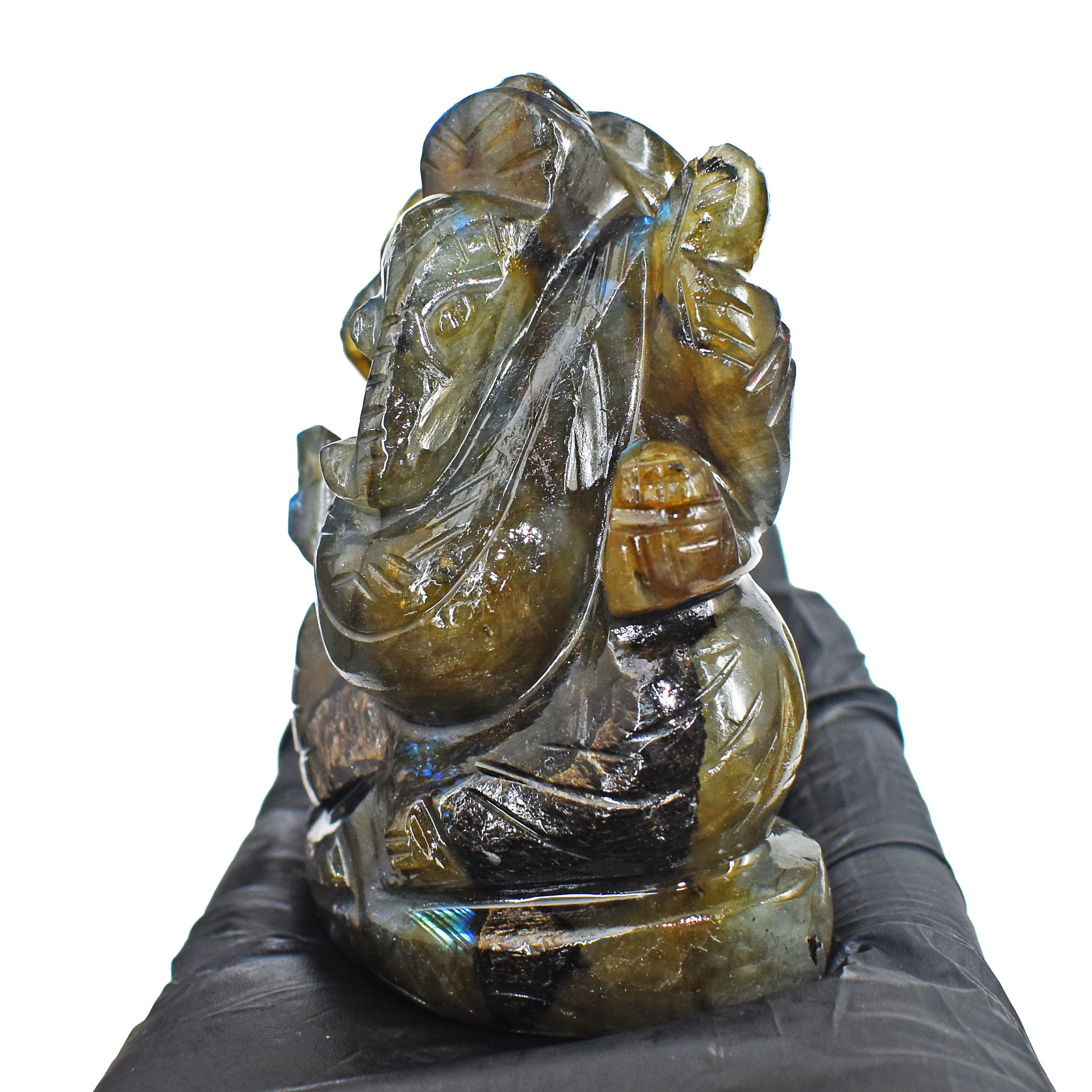 Gorgeous 685.00 Cts Genuine Blue Flash Labradorite Divine Hand Carved Crystal Lord Ganesha Gemstone Carving