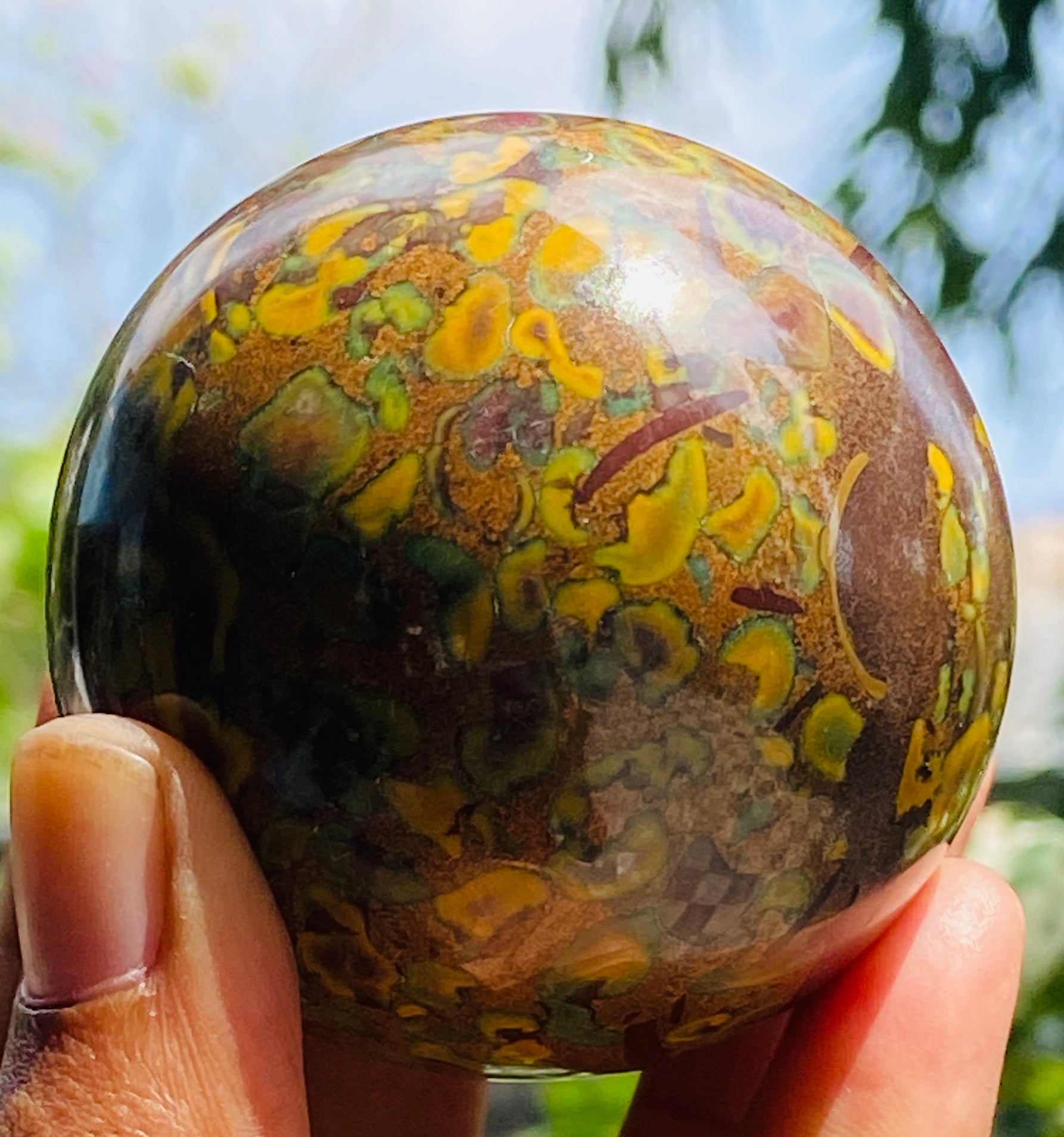 Decent 1058.00 Cts Genuine Fruit Jasper Hand Carved Crystal Healing Gemstone Sphere