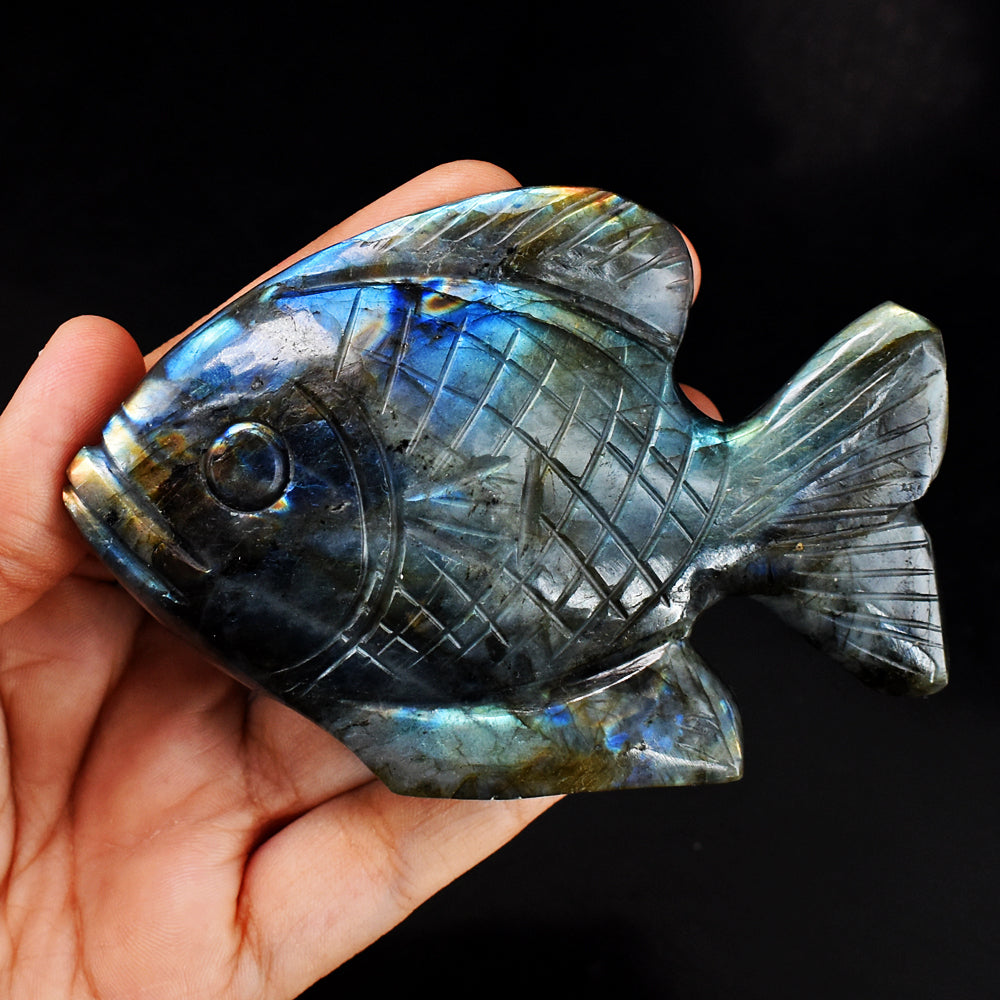 Gorgeous 881.00 Carats  Genuine Amazing  Flash Labradorite  Hand Carved Crystal Gemstone Carving Fish