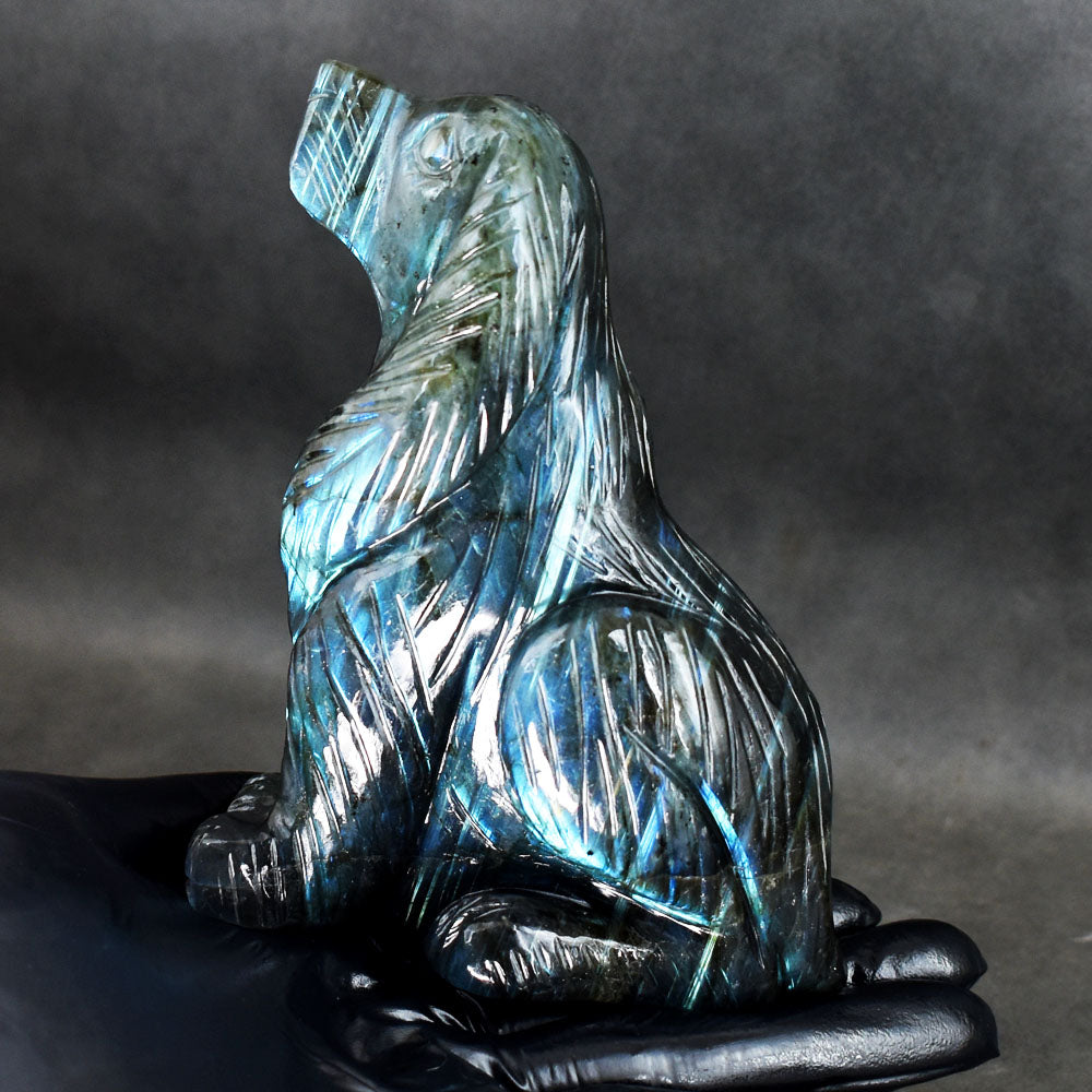 Natural 2234.00 Cst Genuine Blue Flash Labradorite Hand Carved Gemstone Dog Crystal Carving