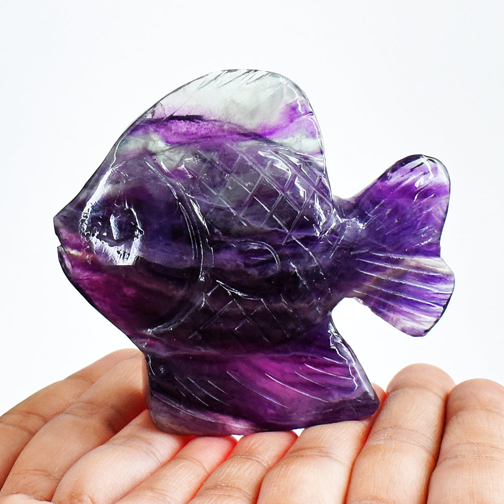 Exclusive 900.00 Carats Genuine Purple Fluorite Hand Carved Crystal Gemstone Carving Fish