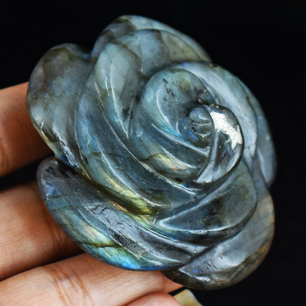 Natural Golden & Blue  Flash Labradorite  372.00 Carats  Genuine  Hand Carved  Gemstone  Rose Flower Carving