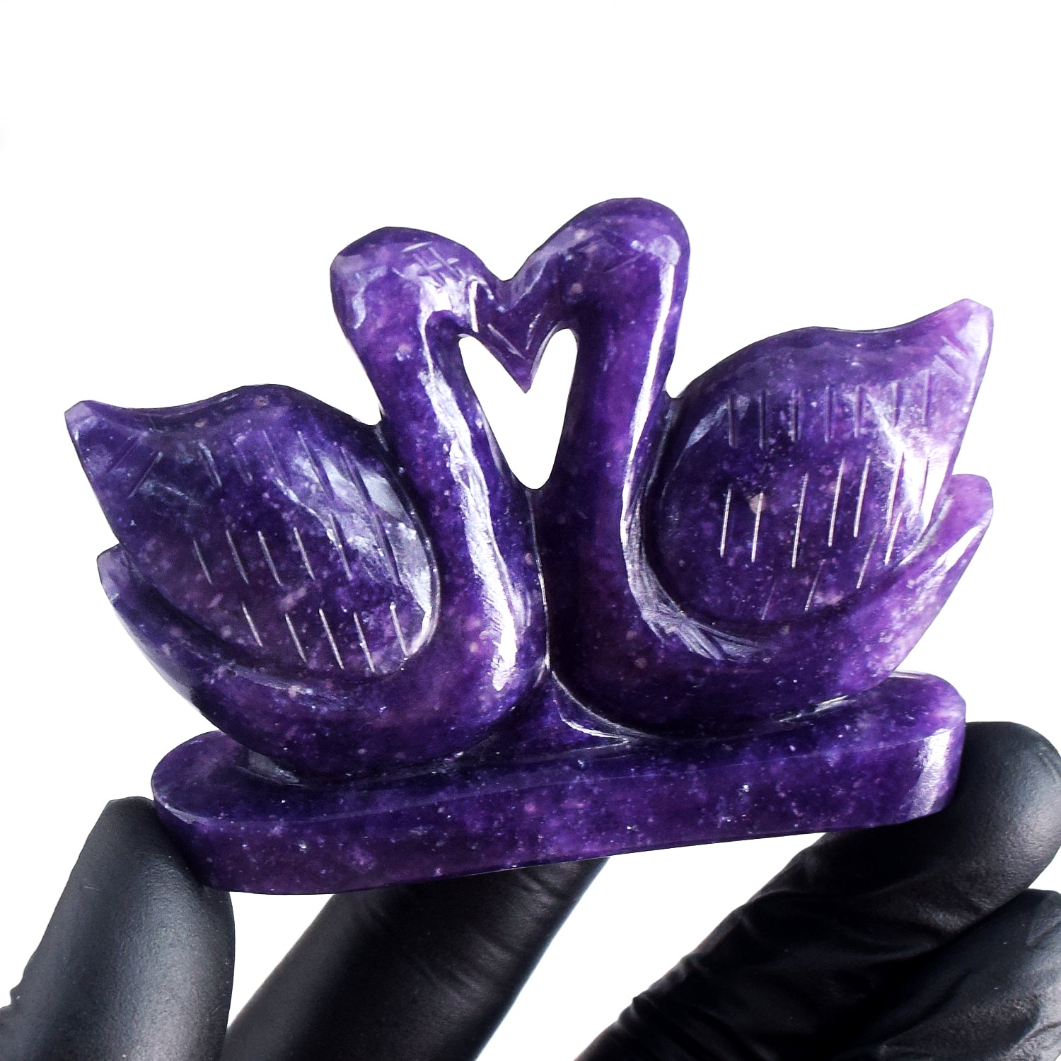 Radiant 519.00 Cts Genuine Lepidolite Carved Premium Love Swan Pair