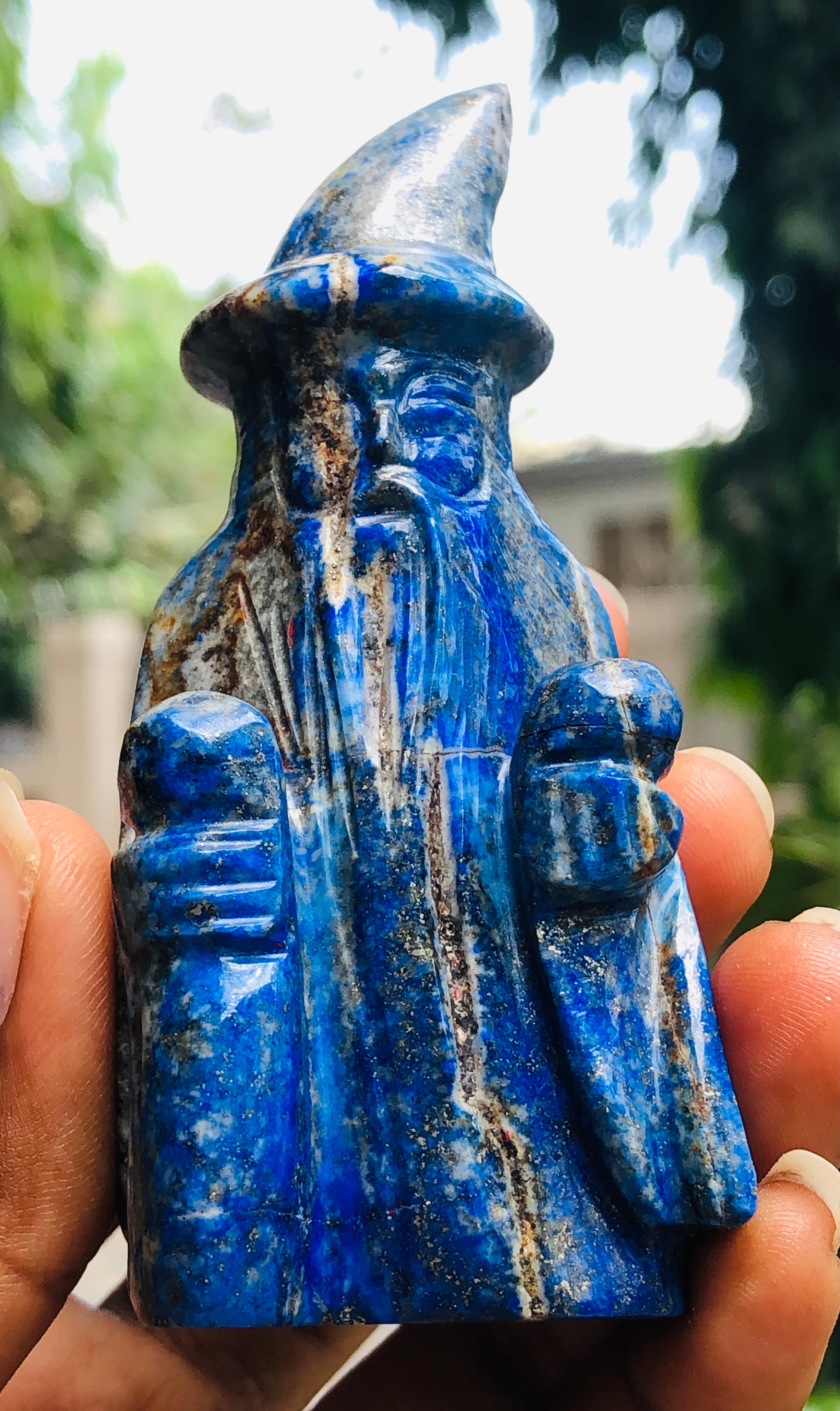 Exclusive 835.00 Carats Genuine Lapis Lazuli Hand Carved Crystal Gemstone Wizard Carving