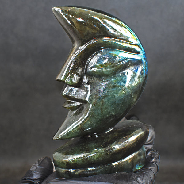 Genuine 1533.00 Carats Amazing Flash Labradorite Moon With Stand Hand Carved Gemstone Carving