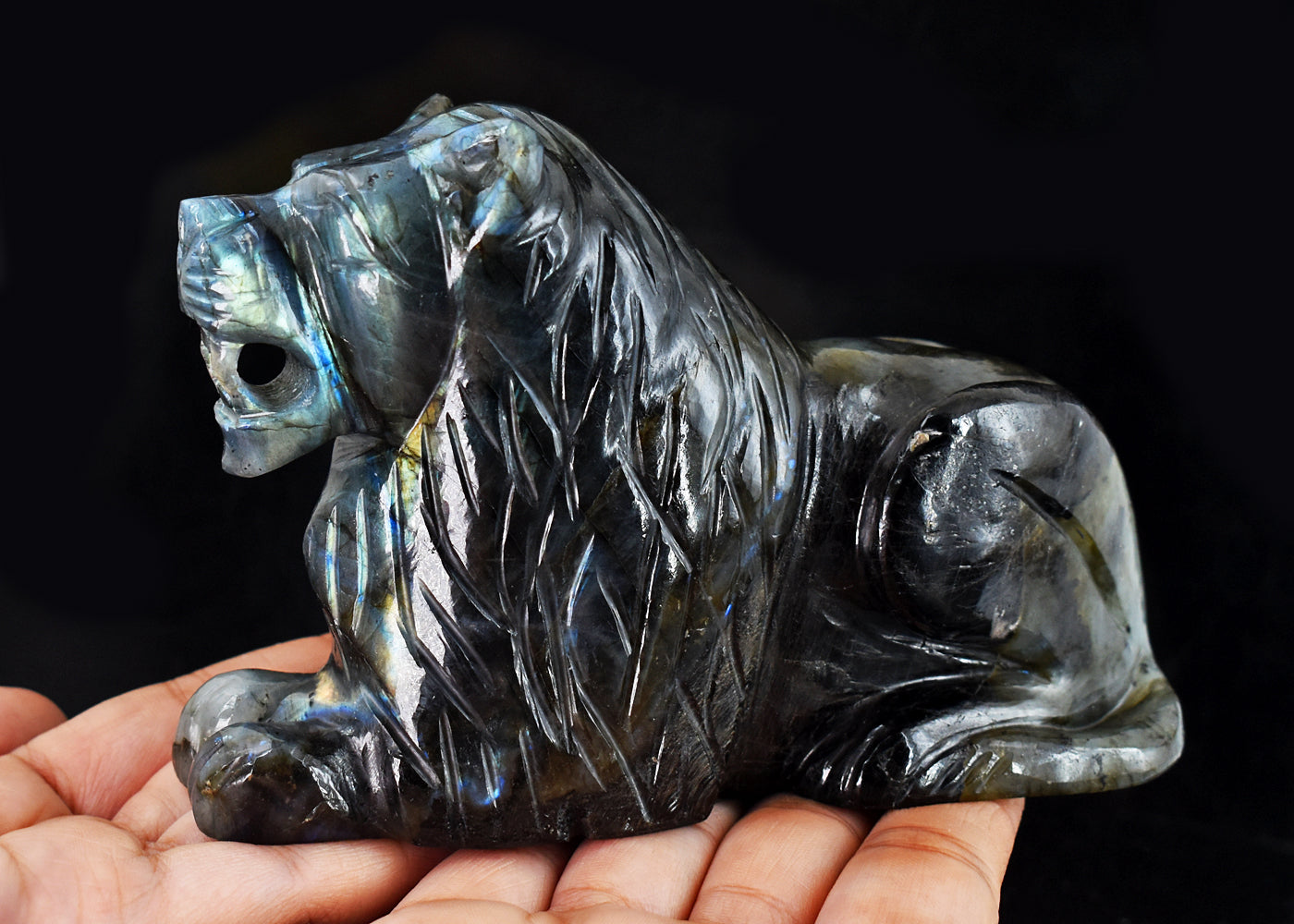 Awesome 4051.00 Cts Genuine Amazing Flash Labradorite Hand Carved Crystal Gemstone Lion Carving