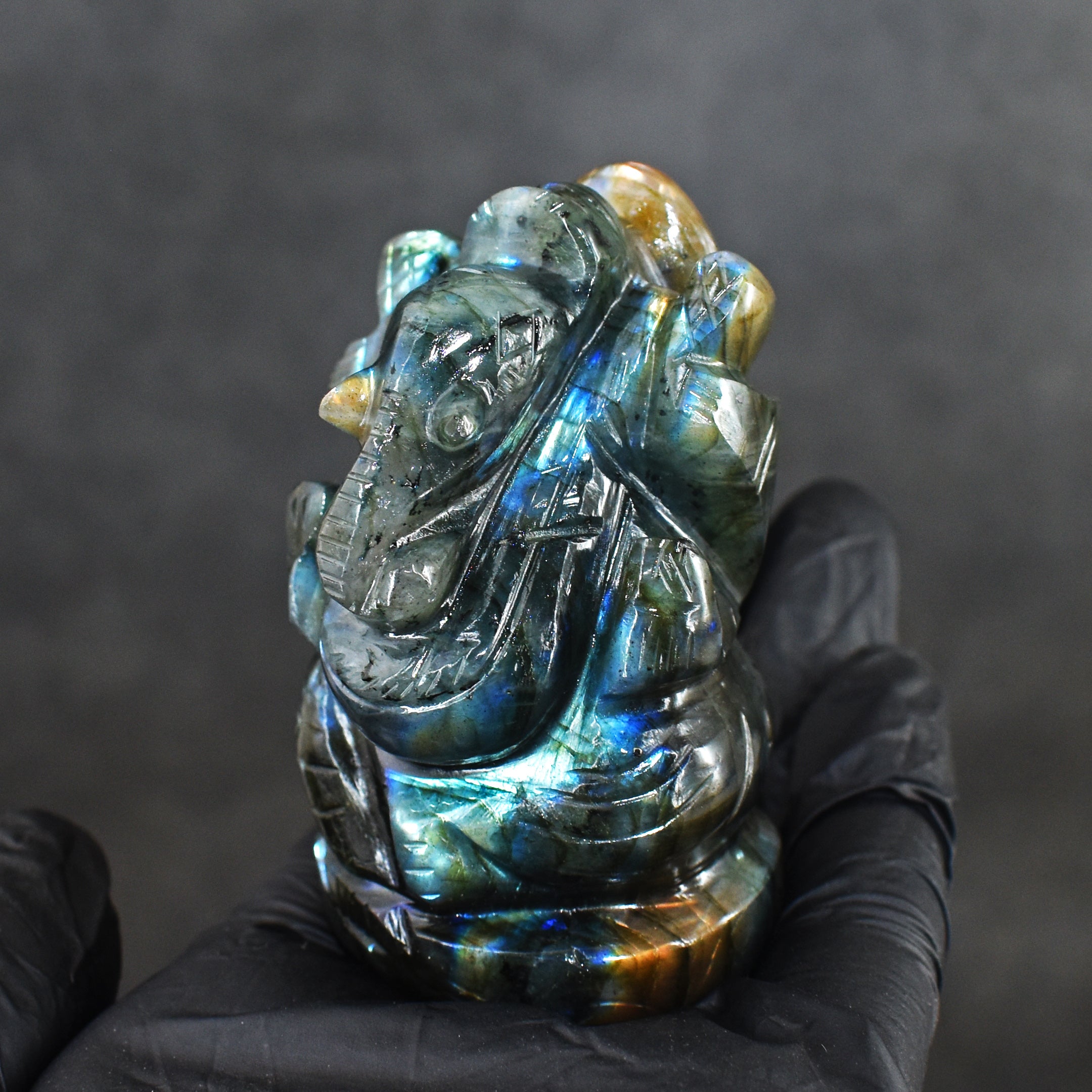 Gorgeous 630.00 Cts Genuine Blue Flash Labradorite Divine Hand Carved Crystal Lord Ganesha Gemstone Carving
