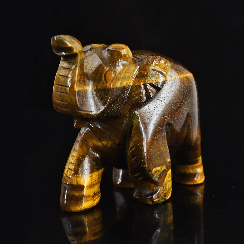 Exclusive 812.00 Cts Golden Tiger Eye Hand Carved Genuine Crystal Gemstone Carving Elephant