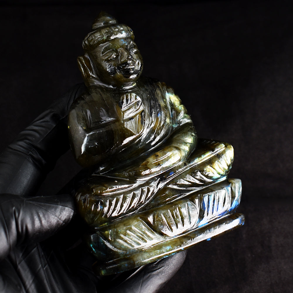 Craftsmen 1233.00 Cts Genuine Golden & Blue Flash Labradorite Hand Carved Crystal Gemstone Buddha Idol Carving