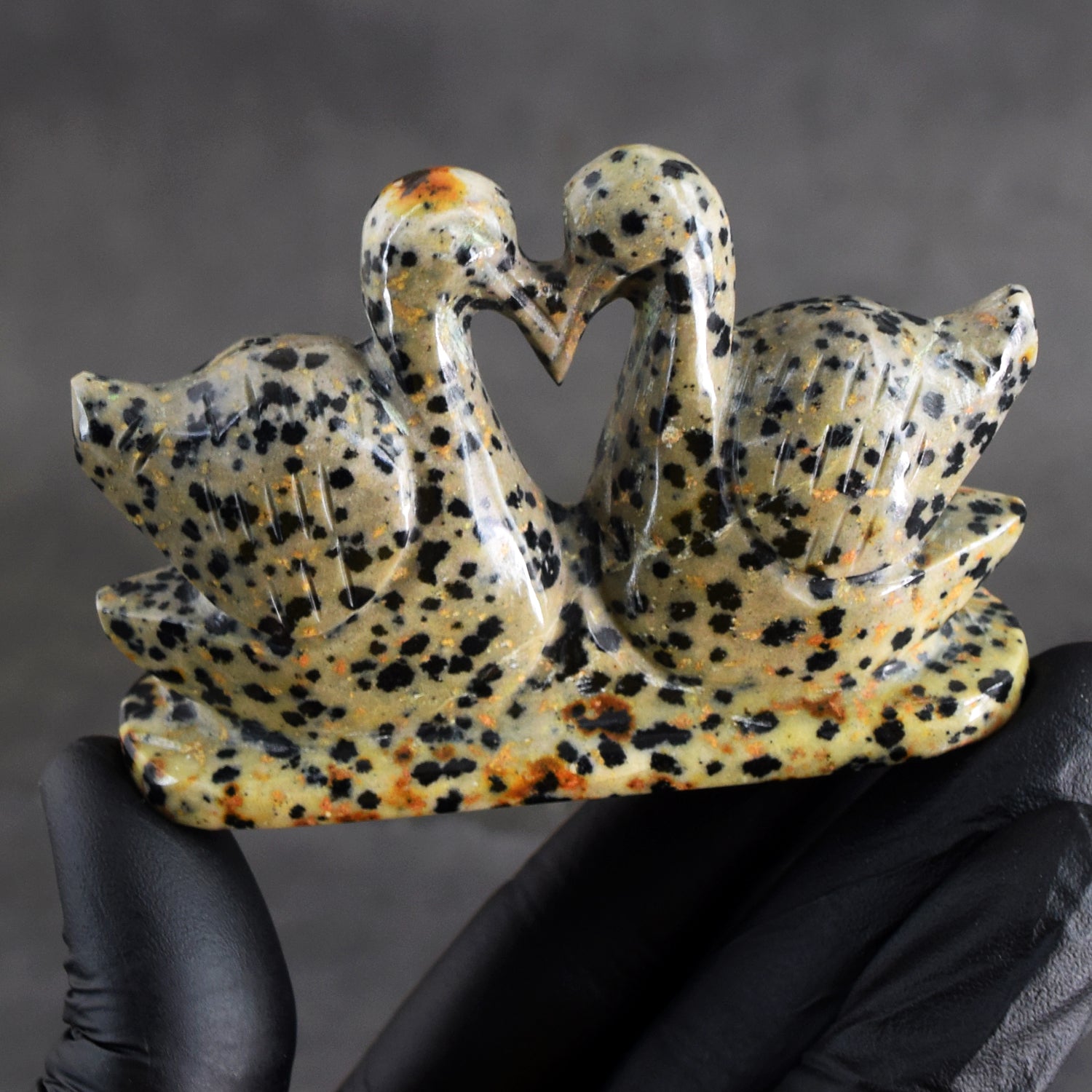Best Of Best 576.00 Cts Genuine Dalmation Jasper Hand Carved Premium Love Swan Pair