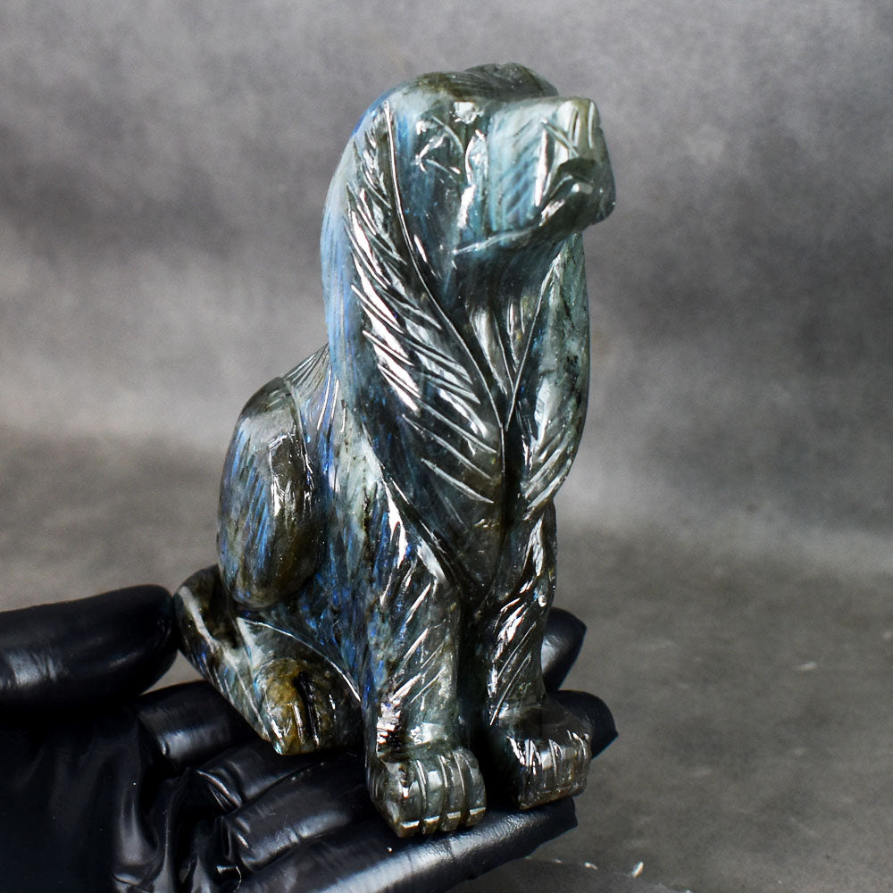 Natural 2234.00 Cst Genuine Blue Flash Labradorite Hand Carved Gemstone Dog Crystal Carving