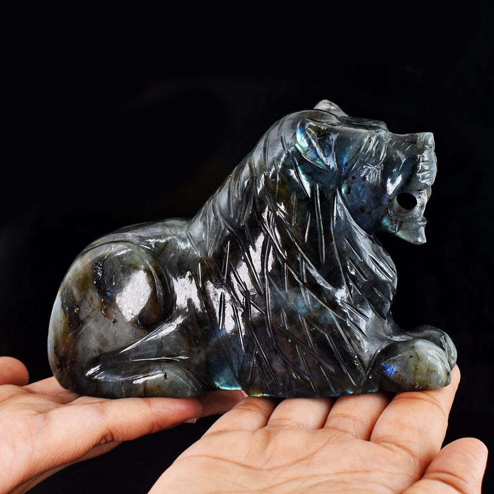 Awesome 4051.00 Cts Genuine Amazing Flash Labradorite Hand Carved Crystal Gemstone Lion Carving