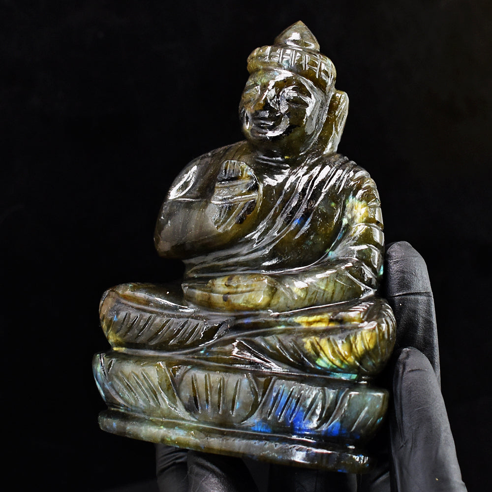 Craftsmen 1233.00 Cts Genuine Golden & Blue Flash Labradorite Hand Carved Crystal Gemstone Buddha Idol Carving