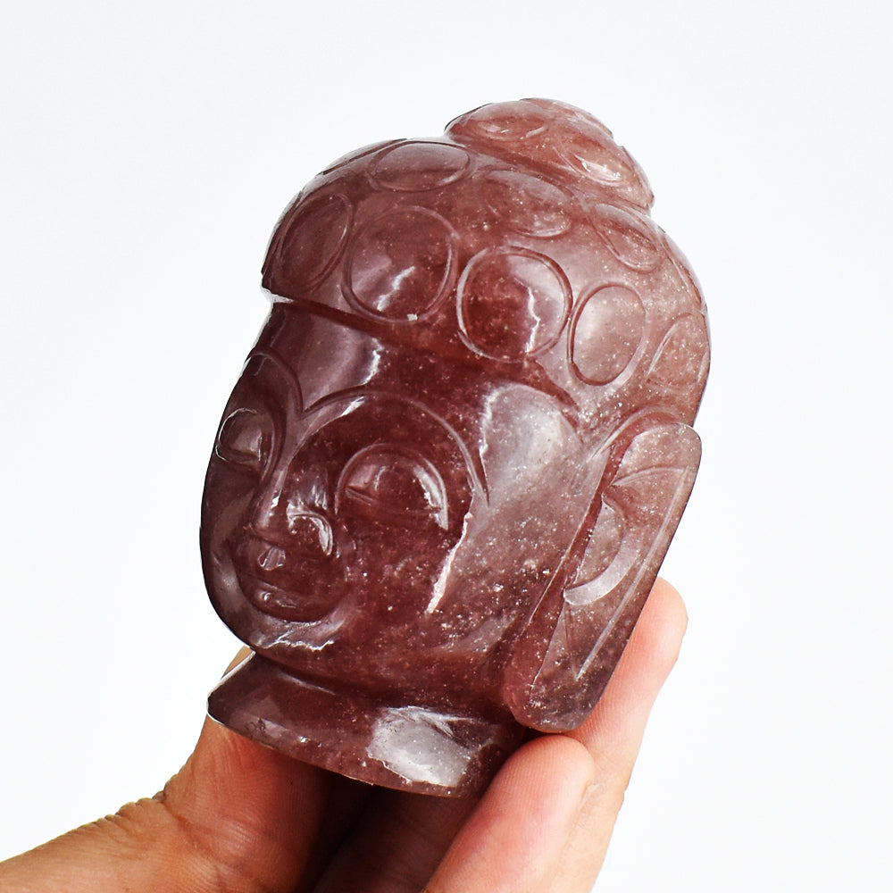 Natural  1274.00 Cts Genuine Strawberry Quartz Hand Carved Crystal Gemstone Buddha Head