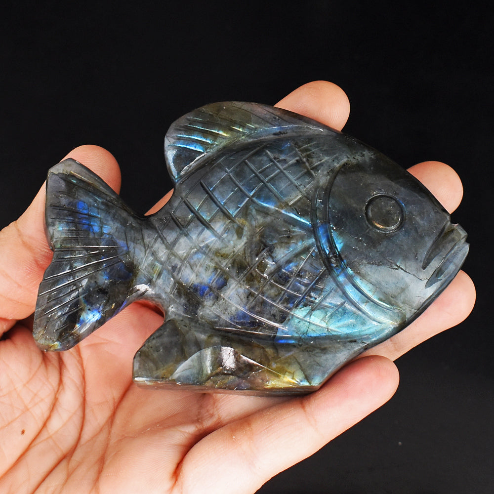 Gorgeous 881.00 Carats  Genuine Amazing  Flash Labradorite  Hand Carved Crystal Gemstone Carving Fish