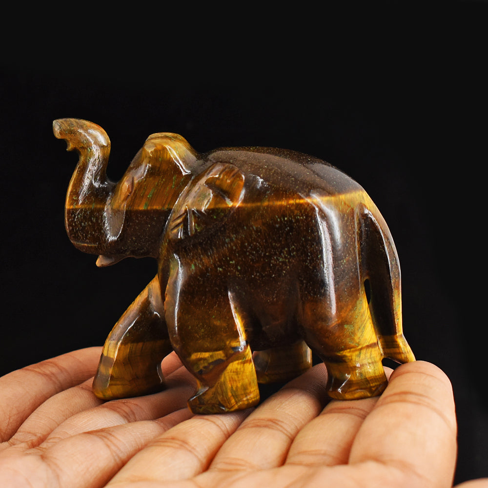 Exclusive 812.00 Cts Golden Tiger Eye Hand Carved Genuine Crystal Gemstone Carving Elephant