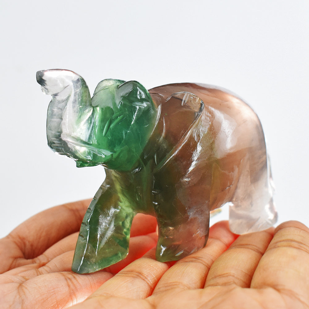 Exclusive 1075.00 Cts Genuine Multicolor Fluorite Hand Carved Crystal Gemstone Carving Elephant