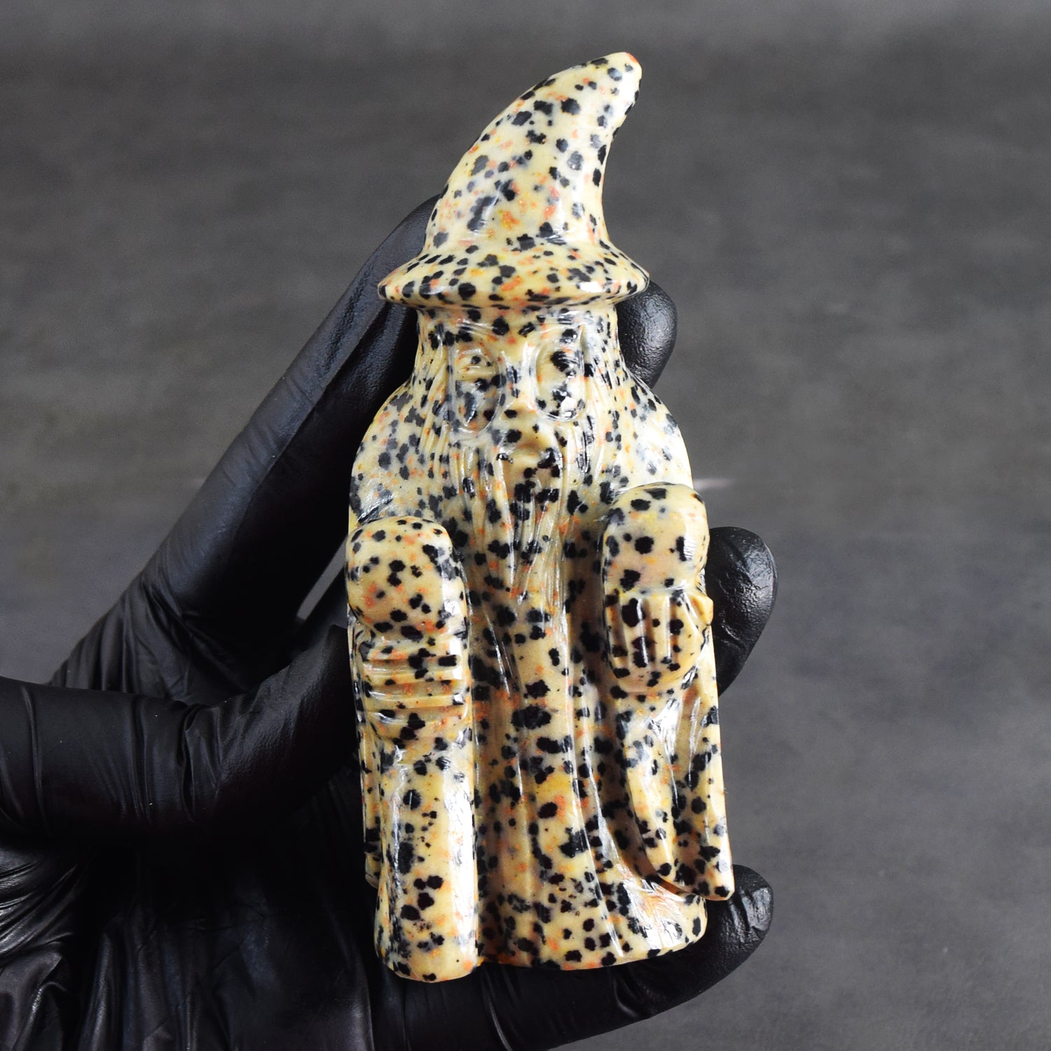 Amazing 1149.00 Cts Genuine Dalmation Jasper Hand Carved Premium Wizard Crystal