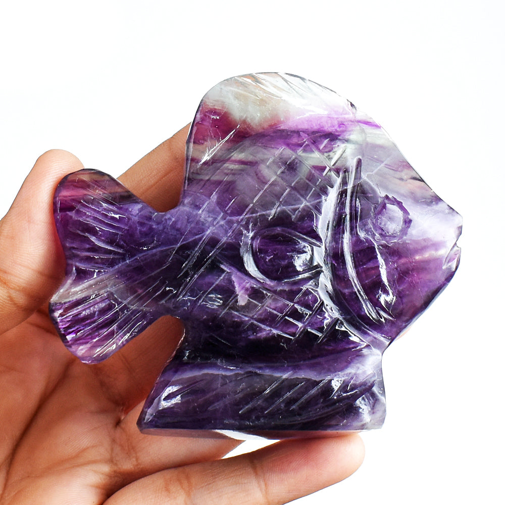 Exclusive 900.00 Carats Genuine Purple Fluorite Hand Carved Crystal Gemstone Carving Fish
