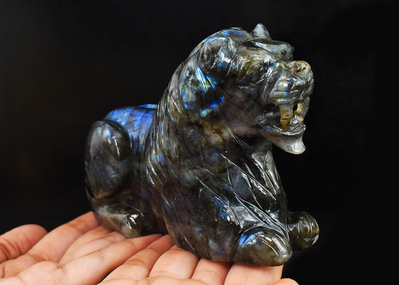 Blue Flash Labradorite 3914.00 Carats Genuine Hand Carved Crystal Gemstone Carving Lion