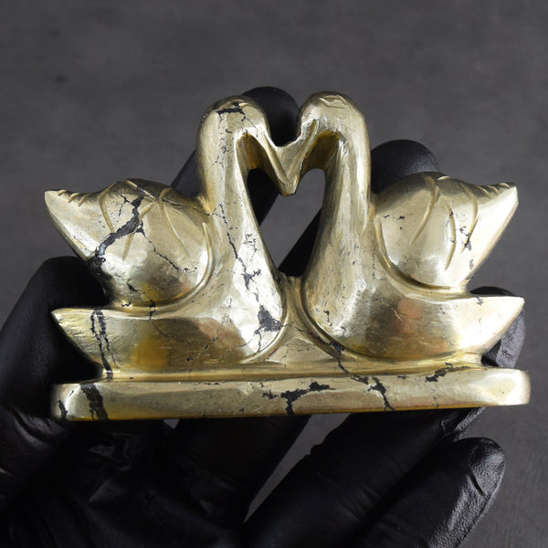Morbid 1083.00 Cts Genuine Pyrite Hand Carved Premium Love Swan Pair